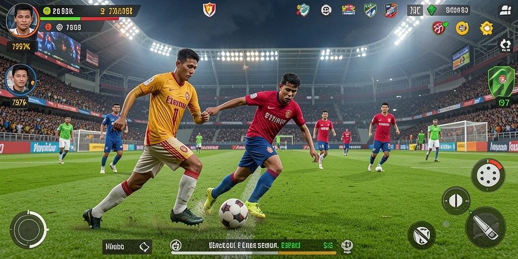 Tangkapan layar dari gameplay 797K yang menggambarkan aksi sepak bola intens.