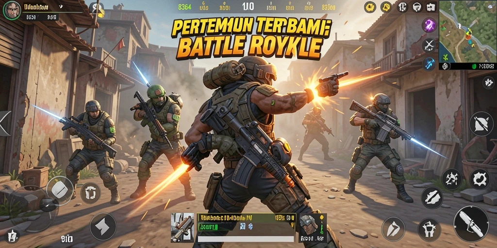 Tangkapan layar menunjukkan aksi intens dalam game Battle Royale.