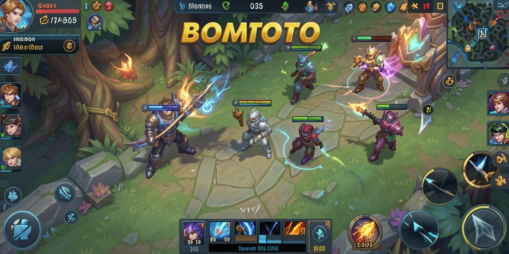 Screenshot gameplay BOMTOTO menampilkan pertempuran tim yang seru.