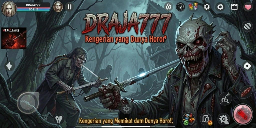 Screenshot utama DRAJA777 menampilkan suasana horor yang mencekam dan gameplay yang mendebarkan.