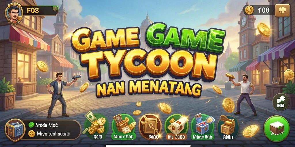 Screenshot utama F08 menampilkan pemain mengelola bisnis Tycoon.