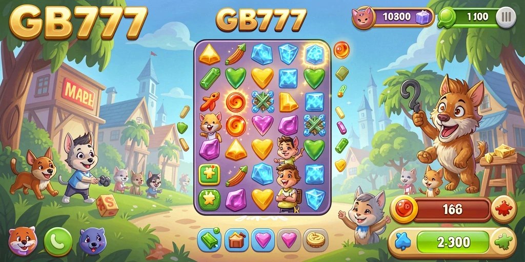 Screenshot gameplay GB777 menampilkan momen mencocokkan item Match-3.
