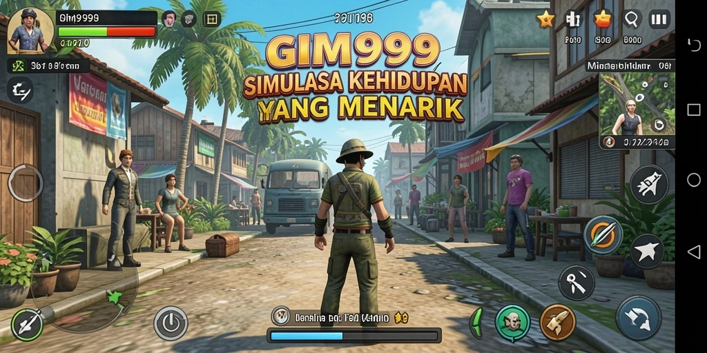 Tampilan gameplay GIM999 dengan interaksi karakter yang dinamis dalam simulasi.