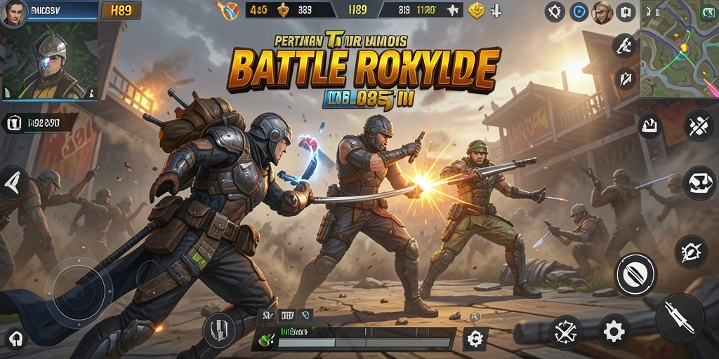 Screenshot menampilkan pertarungan intens dalam gameplay Battle Royale.