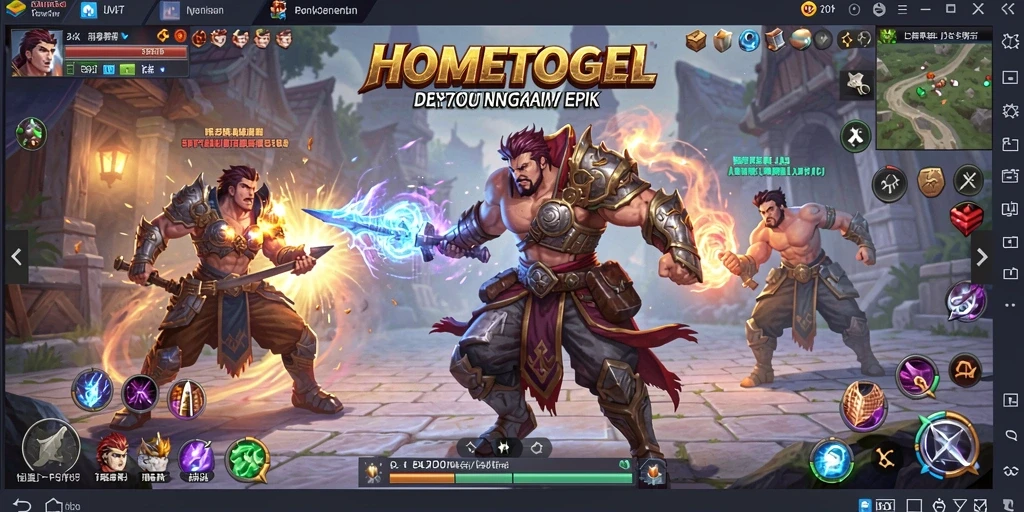Tampilan gameplay <strong>HOMETOGEL</strong> yang menampilkan pertarungan epik dan karakter menarik.
