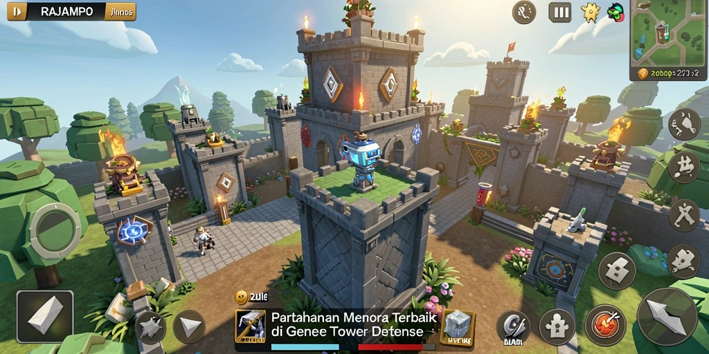 Gameplay menegangkan dalam RAJAMPO dengan strategi dan menara yang beragam.