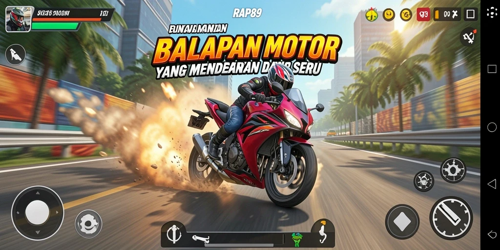 Tampilan utama gameplay dari RAP89 dengan balapan motor yang seru.