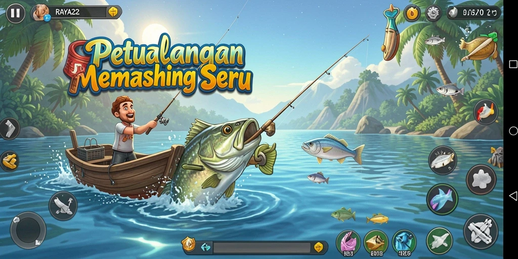 Screenshot gameplay RAYA22 dengan aksi memancing yang mendebarkan.