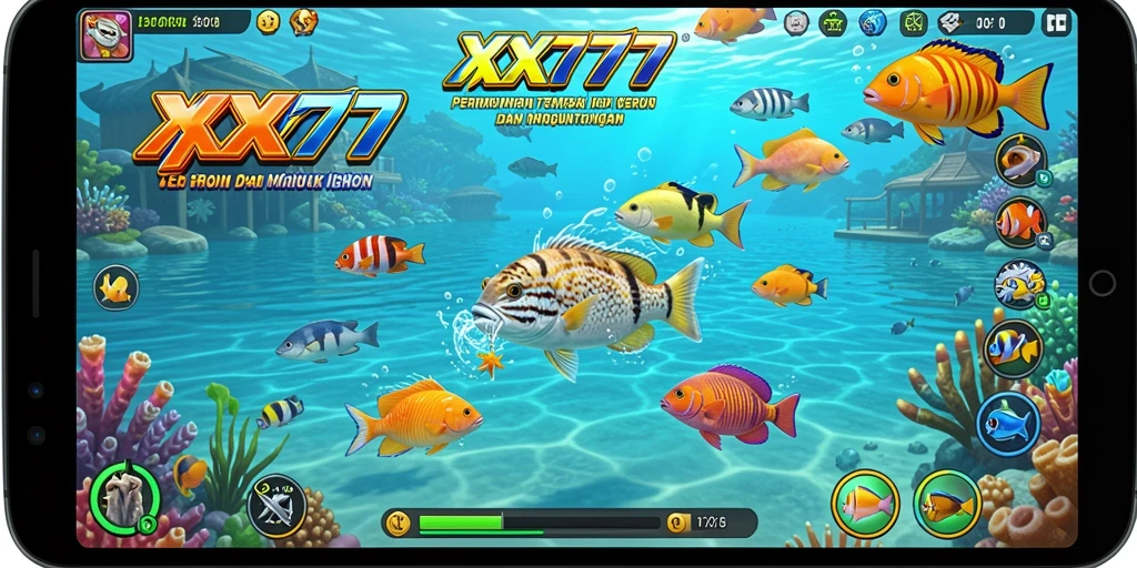 Screenshot gameplay XXX777 yang menampilkan aksi menembak ikan.